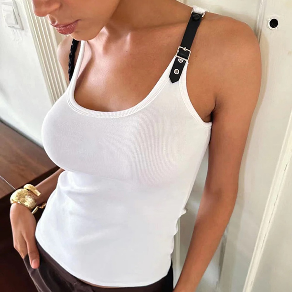 Women's White Ribbed Tank Top with Buckle Strap